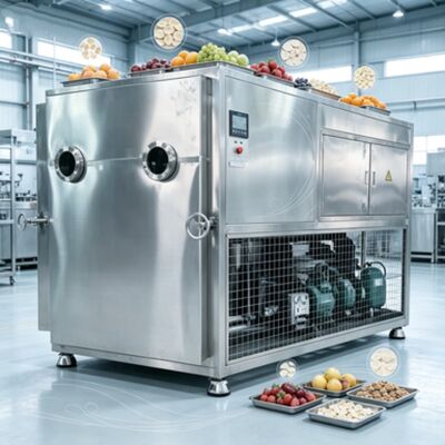 Pengering Beku Sayuran Rentang Suhu Minus 50 hingga Plus 50 Derajat dengan Kontrol PLC dan Ukuran Keseluruhan 3800 kali 1700 kali 2000 Milimeter