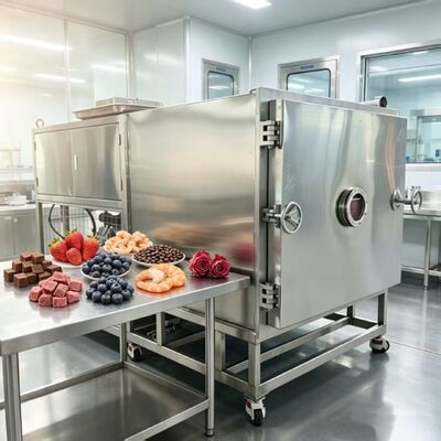 Ukuran keseluruhan 3800 1700 2000 mm Pengering beku sayuran Dengan kapasitas batch 100Kg dan sistem pendinginan udara Ideal untuk pengolahan sayuran